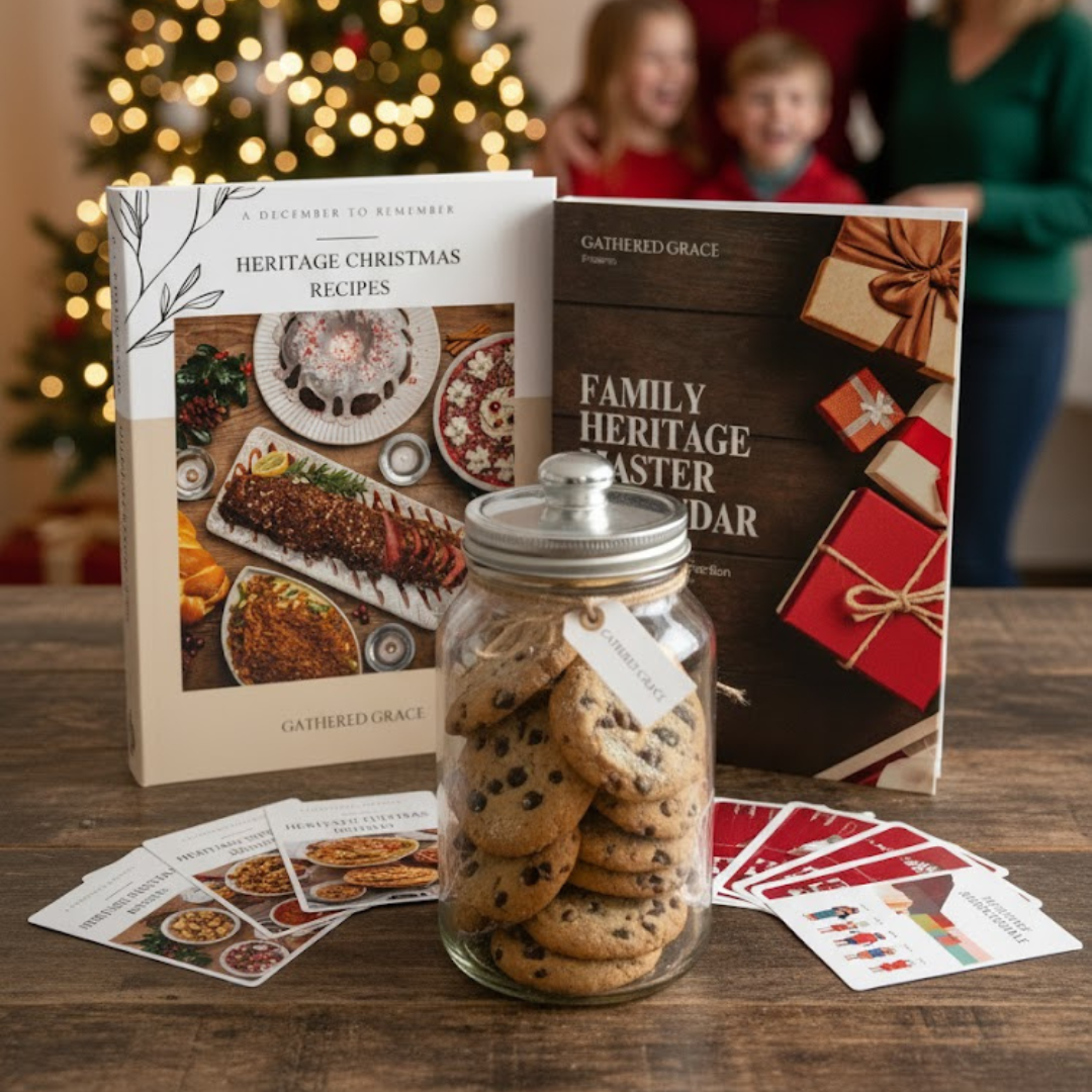 Jar of cookies with Christmas-themed cookbooks and cards on a table in front of a decorated tree.